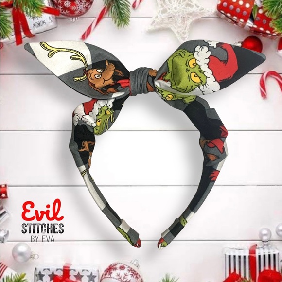 Grinch Inspired Knotted Bow Headband and Fabric Button Earrings - Picture 4 of 4